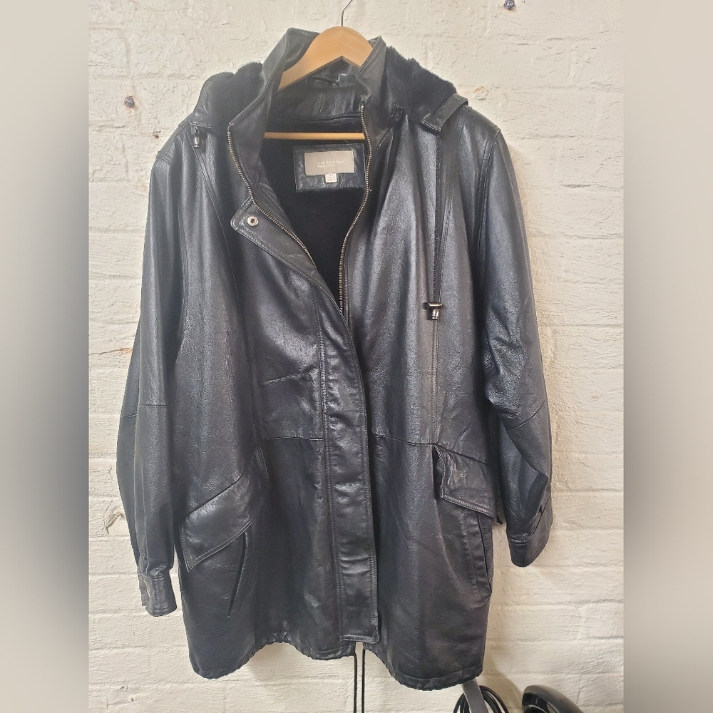 Men's 3/4 leather hooded jacket